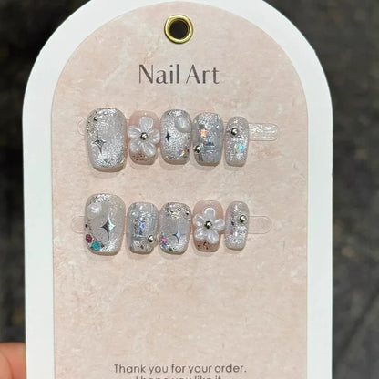10Pcs French Handmade Press on Nails White Flower Fake Nails Wearable Stick-on Nails Full Cover False Nail Накладные Ногти 네일팁