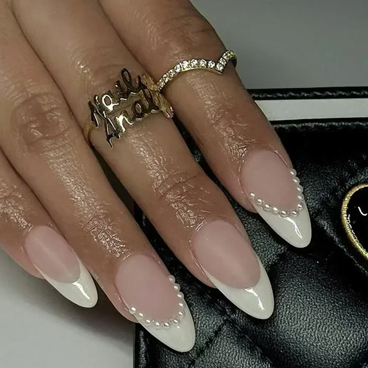 24Pcs Stiletto Press on Nails Glitter Almond False Nails French Tip Fake Nails with Glue Detachable Full Cover Acrylic Nail Tips