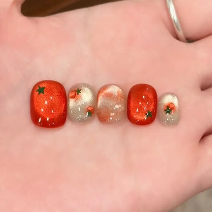 10pcs Festive Red Oval Short Press-On Nails with Cute Tomato Design Glossy Finish Holiday Nail Art Set for Women and Girls Wear