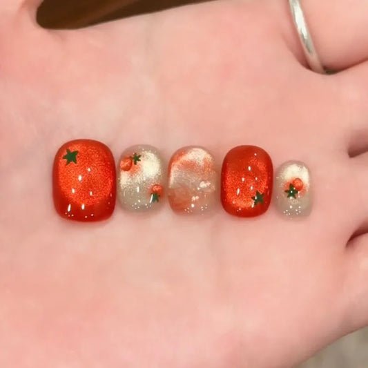 10pcs Festive Red Oval Short Press-On Nails with Cute Tomato Design Glossy Finish Holiday Nail Art Set for Women and Girls Wear