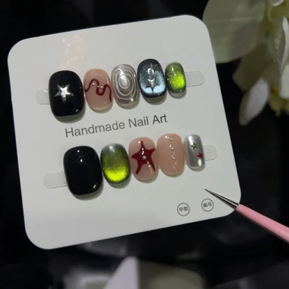 10PCS Blue Cat Eye Handmade Short Square Round Press on Nails Sweet Cool Star Stripes Patterns French Wearable Fake Nails Patch