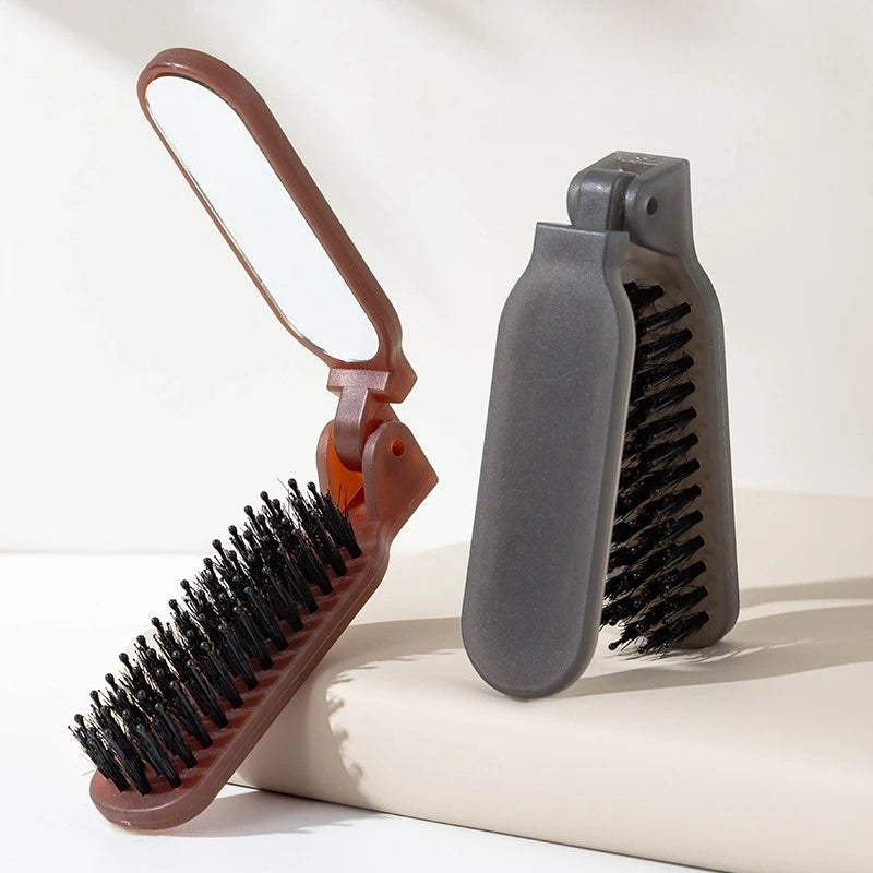 1Pc Foldable Bristle Comb with Mirror Mane Bristle Hair Brush Portable Pocket Collapsible Travel Massage Salon Hair Styling Tool
