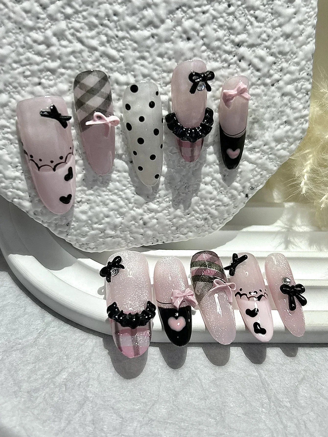 Black Pink Sweet French Almond Handmade Press On Nails Grid Polka Dot Love Skirt Ballet Fake Nails Princess Cute Bow Nail Art