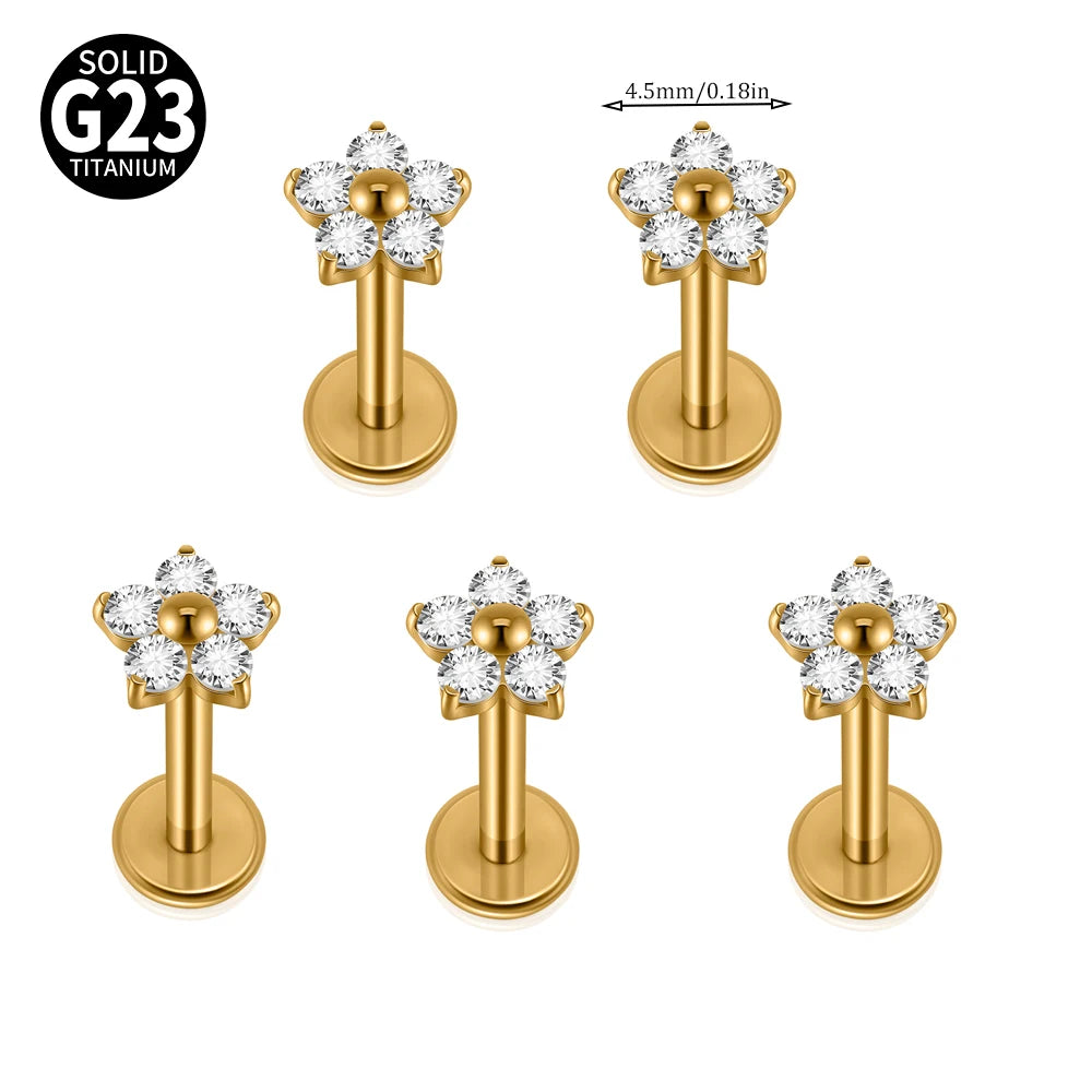 1/5PCS F-136 Implant Titanium Different Size Flower Zirconia Labret 16G Internal Threaded Cartilage Helix Lobe Earring Piercing