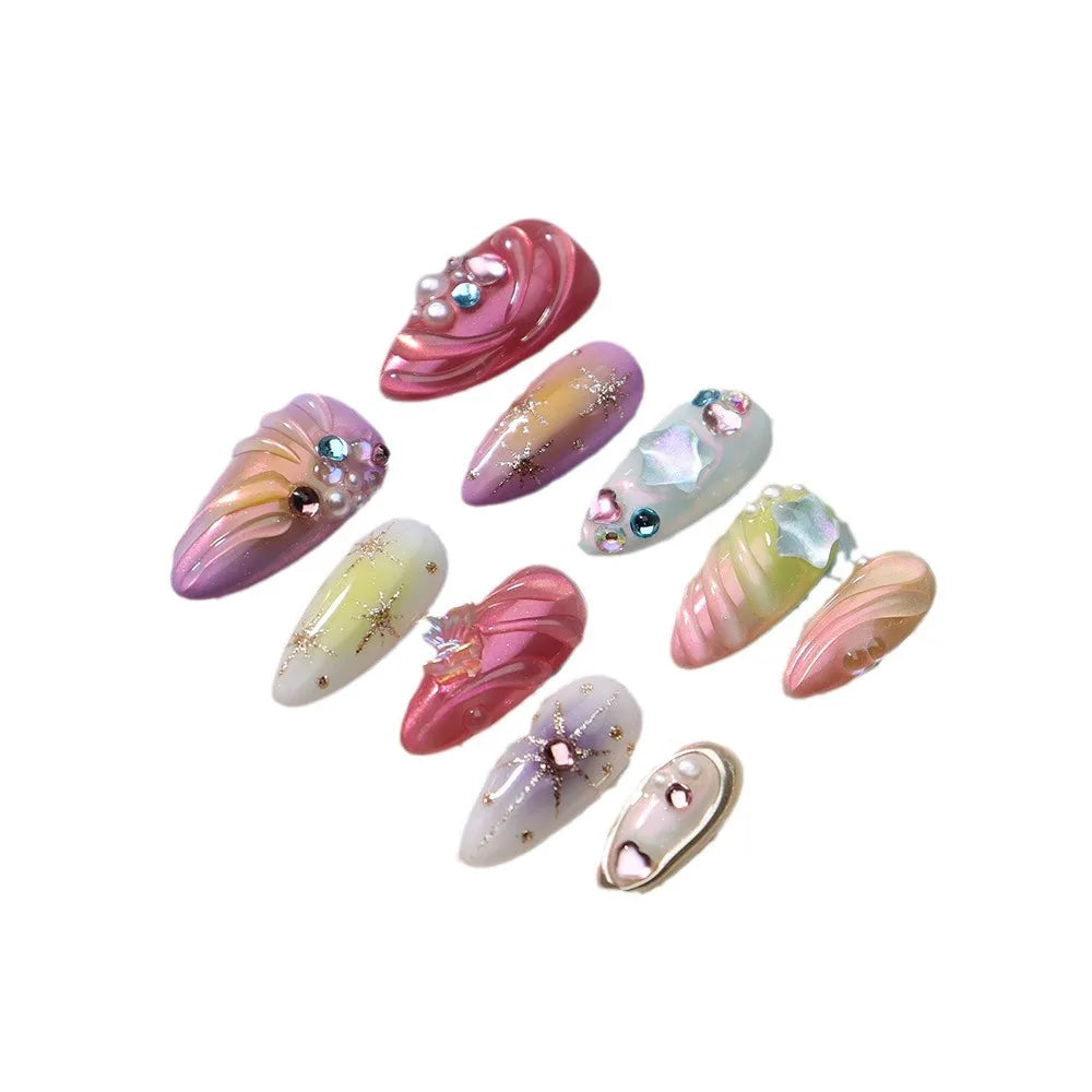 10pcs Handmade Press On Nails 3D Colorful Summer Sea Starfish Designs False Nail Patches For Women  Wearable Almond Fake Nails