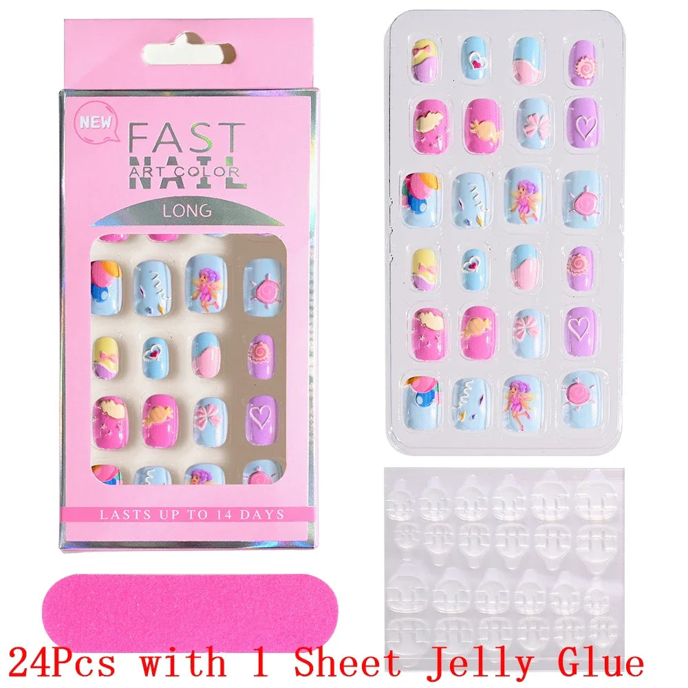 12pcs/Box Children Acrylic Fake Nails Safe Non-Toxic Adhesive Fake Nail DIY Artificial Fingernails for Girls Children's Day Gift