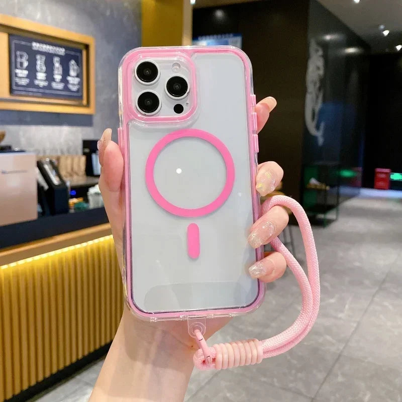 Airbag Shell Magnetic Short Hanging Rope Transparent Magsafe Case for IPhone 16 15 14 13 12 11 Pro Max Plus Shockproof HardCover