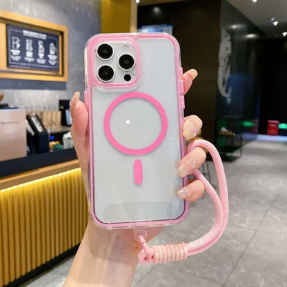 Airbag Shell Magnetic Short Hanging Rope Transparent Magsafe Case for IPhone 16 15 14 13 12 11 Pro Max Plus Shockproof HardCover