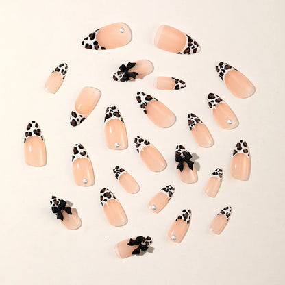 24pcs French Almond Press on Nails Leopard Print False Nails 3D Bow Wearable Stick-on Nails Fake Nail Uñas Накладные Ногти 네일팁