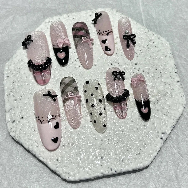 Black Pink Sweet French Almond Handmade Press On Nails Grid Polka Dot Love Skirt Ballet Fake Nails Princess Cute Bow Nail Art