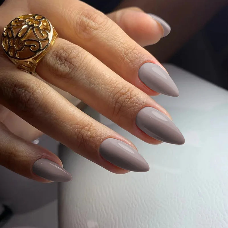 Almond Mid-length Black Fake Nail Solid Color Press on Nails Simple Full Cover Artificial Nail For Girls Nail Extension 24Pcs