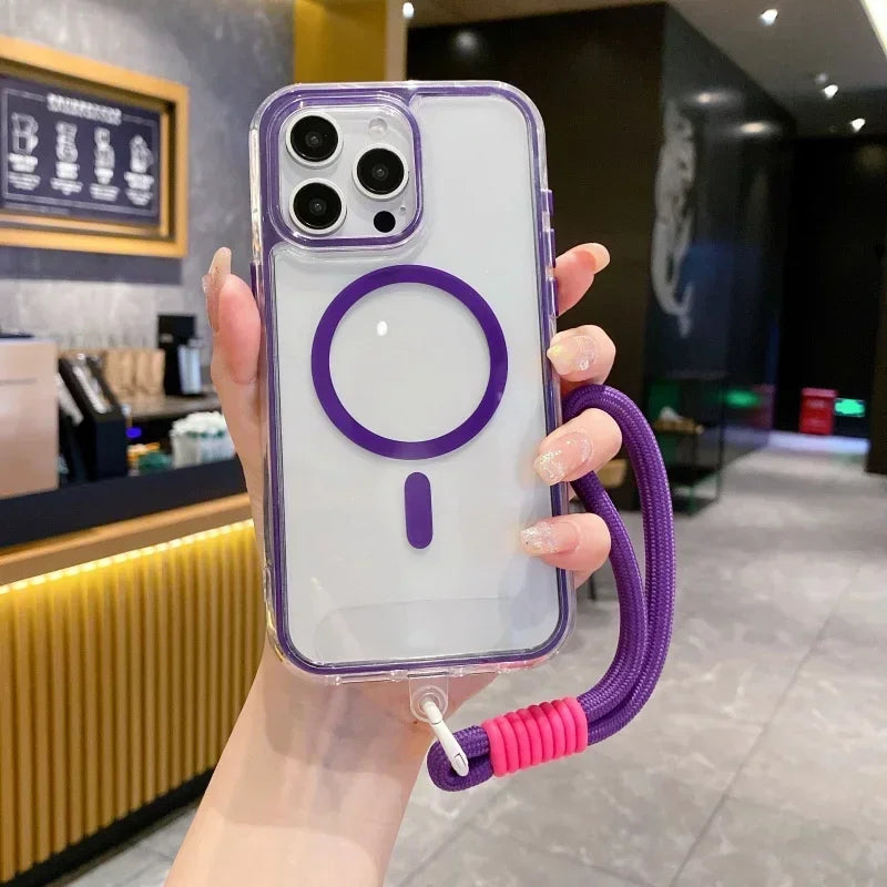 Airbag Shell Magnetic Short Hanging Rope Transparent Magsafe Case for IPhone 16 15 14 13 12 11 Pro Max Plus Shockproof HardCover