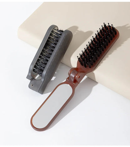 1Pc Foldable Bristle Comb with Mirror Mane Bristle Hair Brush Portable Pocket Collapsible Travel Massage Salon Hair Styling Tool