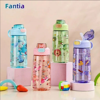 550ml Cartoon Animal Water Bottle Portable Safety Lock Cute Straw Cup Kids Leak-proof Drinking Jug For Outdoor Camping Travel