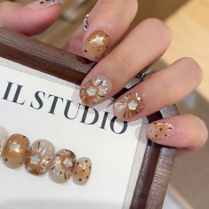 10PCS Summer BrownThe Polka Dot Cat's Eye Short Nail Art Hello Kitty Cute Notes Handmade Acrylic Fake Nail Gift