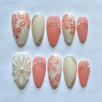 24PCS Wine Red Almond Press on Nails Cartoon Rabbit Bowknot with Plaid Pearl Designs French Fake Nails for Girls Detachable Nail