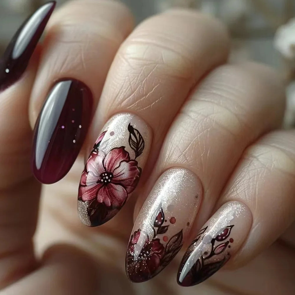 24Pcs Short Round Head Almond Fake Nails with Flowers Grass Pattern Wearable False Nails Tips Summer Full Cover Press on Nails
