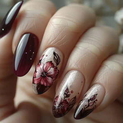 24Pcs Short Round Head Almond Fake Nails with Flowers Grass Pattern Wearable False Nails Tips Summer Full Cover Press on Nails