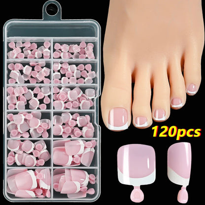 120pcs/Box French Tip Press-On Toenails Pink Color System Square Shape Foot Nails Short Length Glossy Finish False Toe Nails Set