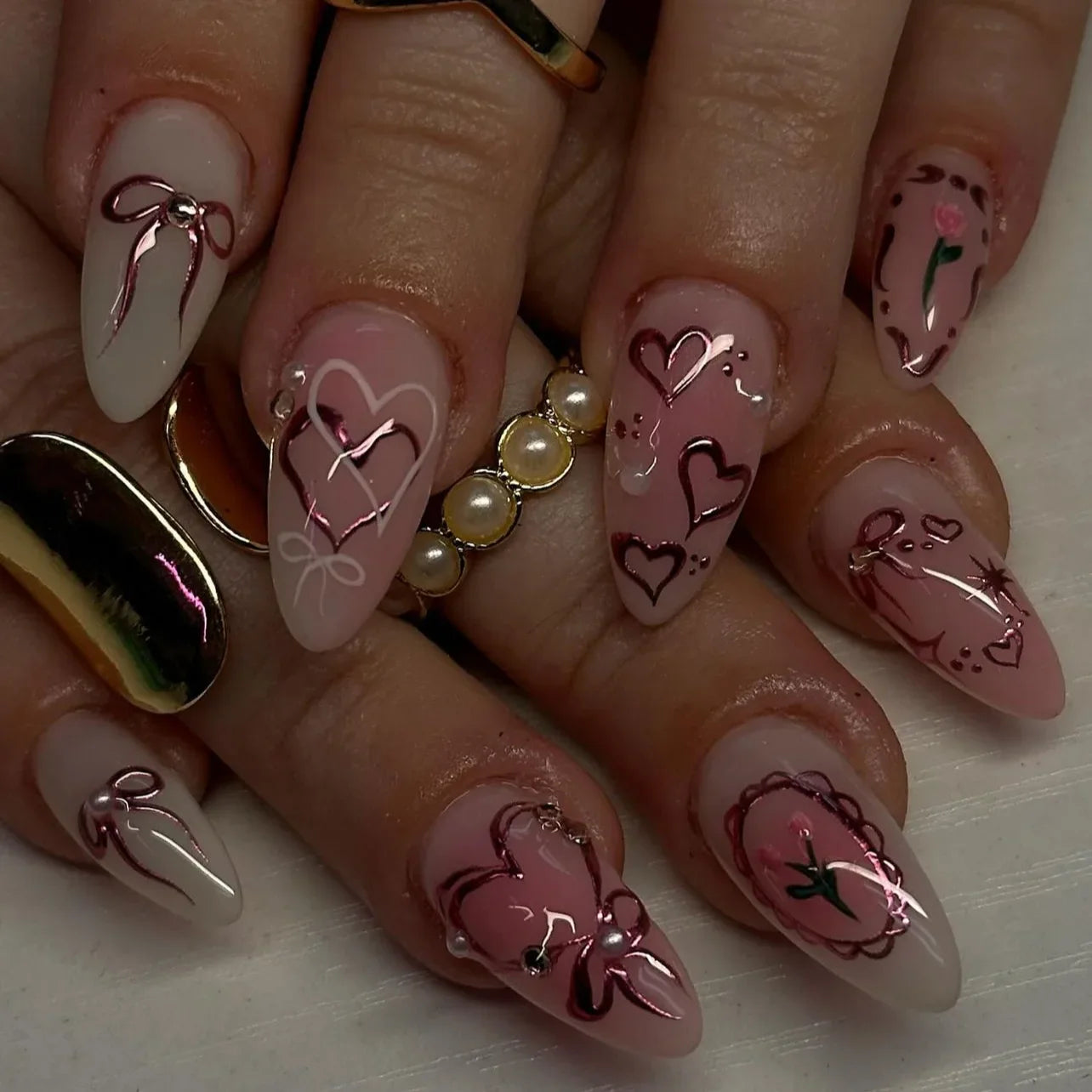 24pcs Sweet False Nail Patches Detachable Fake Nail Tips With Bowknots Love Heart Pearl Design Pink Almond Korean Press On Nail