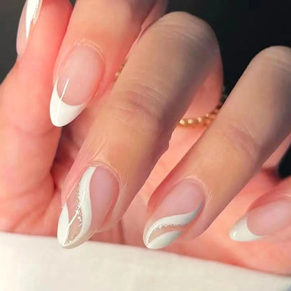 24PCS- white almond fake nails, red love pattern decoration, exquisite elegance, fashion generous, suitable for dating, dinner,