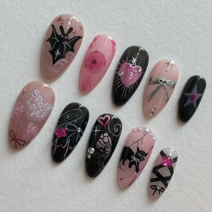 24PCS Wine Red Almond Press on Nails Cartoon Rabbit Bowknot with Plaid Pearl Designs French Fake Nails for Girls Detachable Nail