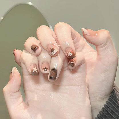 Medium fake nails for women gilrs gradient blue pink starry sky star moon Y2K design Almond nail tips press on false nail set
