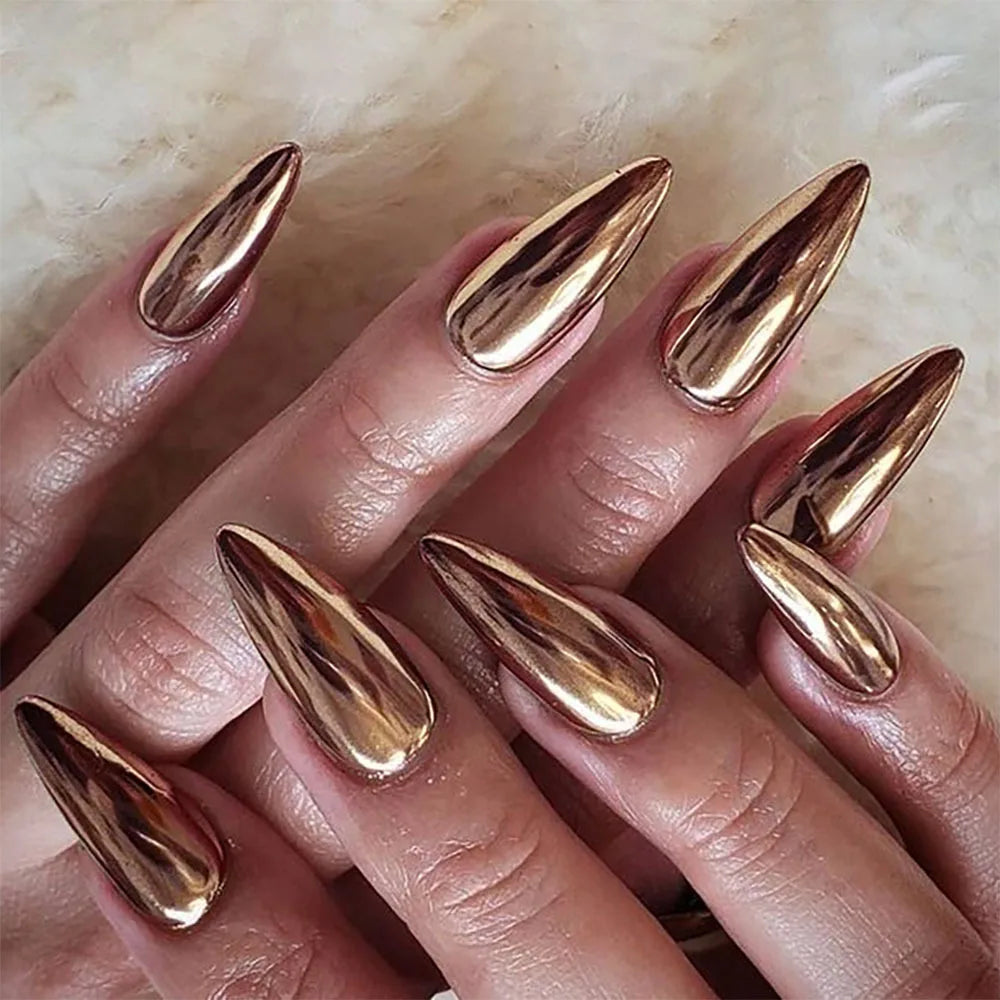 24Pcs Solid Color Grey Almond Fake Nail Cat's Eye Design Wearable Round Head False Nails with Shiny Powder Press on Nails
