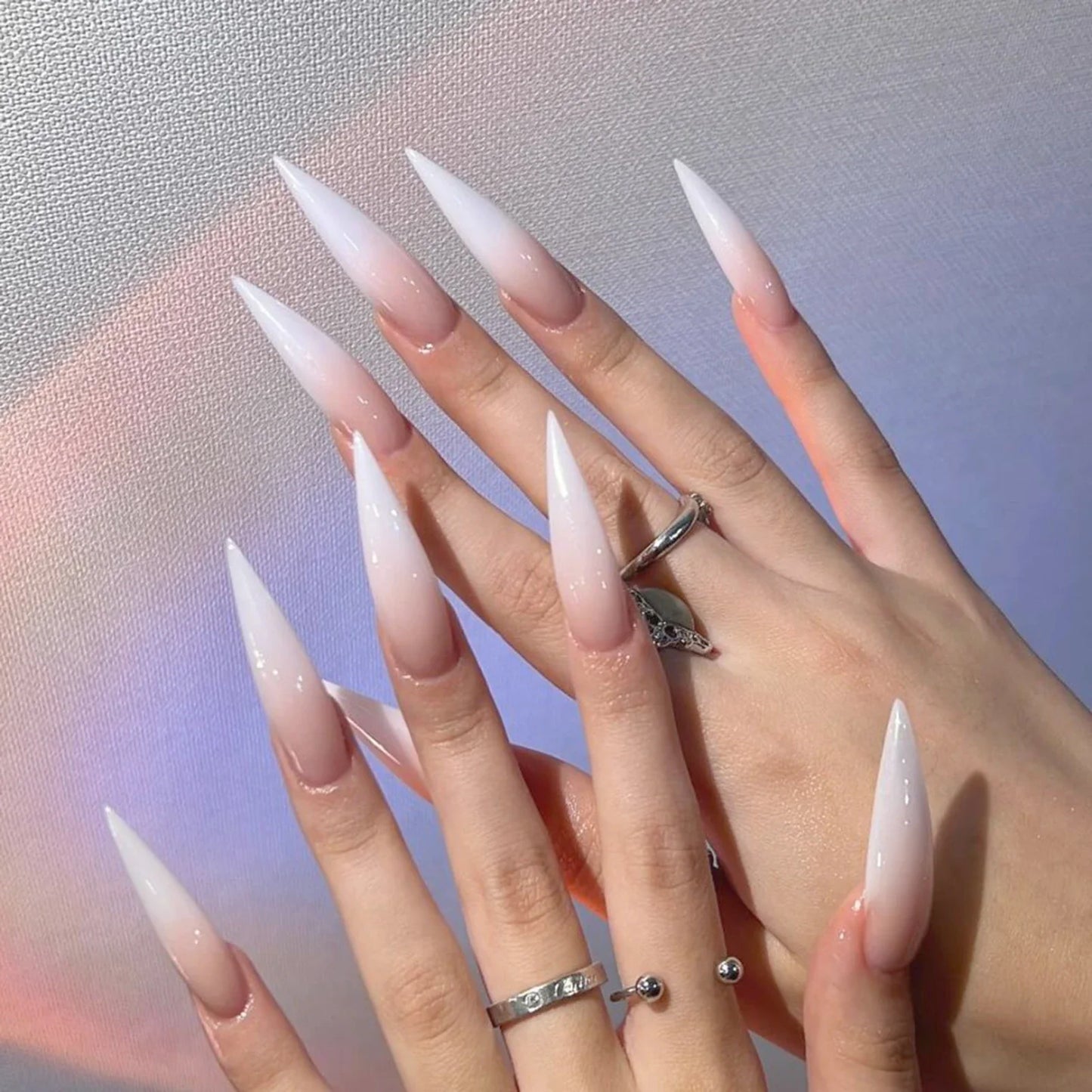24pcs Black Gradients Long Paragraph Fashion Manicure Patch Reusable Adhesive False Nails Almond Fake Nails Press On Stiletto