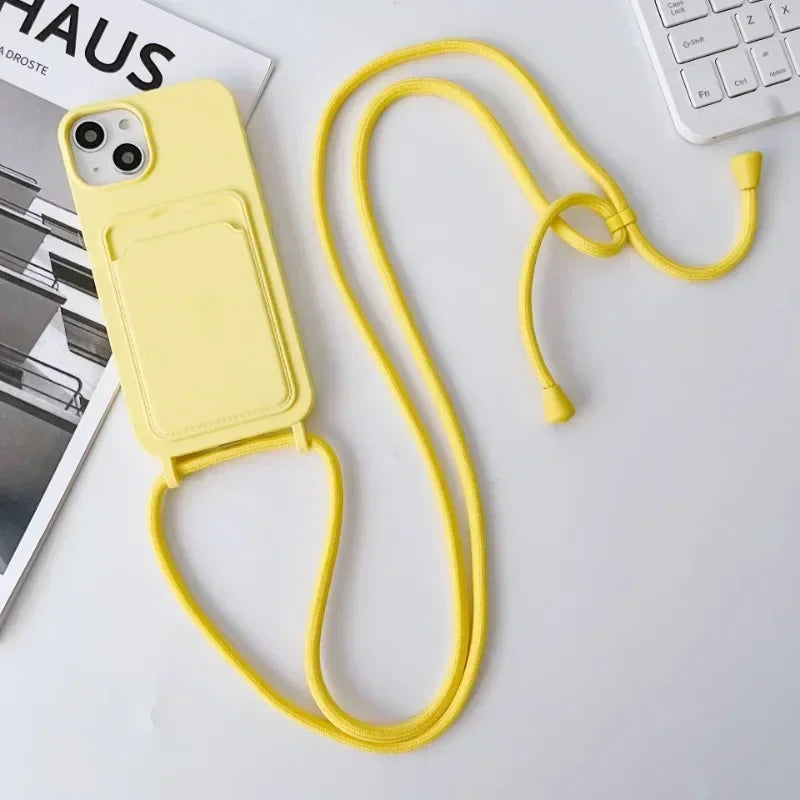 Soft Silicone Crossboby Lanyard Rope Fall Prevention Phone Case for IPhone 16 15 Pro Max 14 Plus 13 12 11 Card Slot Holder Cover