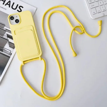 Soft Silicone Crossboby Lanyard Rope Fall Prevention Phone Case for IPhone 16 15 Pro Max 14 Plus 13 12 11 Card Slot Holder Cover
