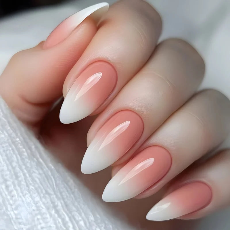 24pcs French Fake Nails Finished Almond Nails Sets with Golden Bow Design False Nail Art Simple Datachable Press on Nails Tips