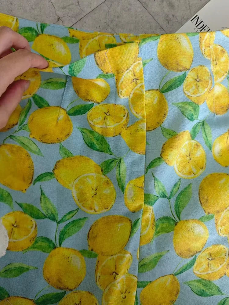 2024 Women Yellow Lemon Print Casual Shorts Y2k Woman Fashion Summer High Waist Zipper Slim Shorts For Beach Party
