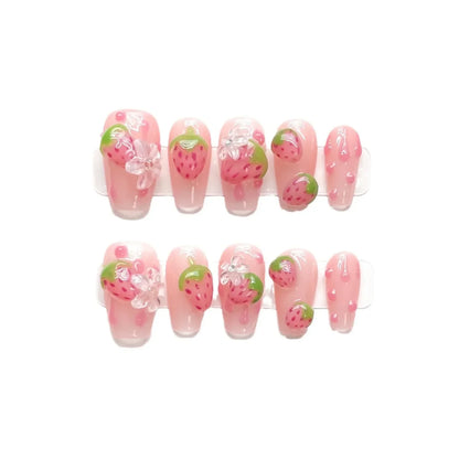 10pcs Handmade Square Press on Nails French Coffin Pink Fake Nail Strawberry Decor Sweet Style Square Artificial Nail for Women