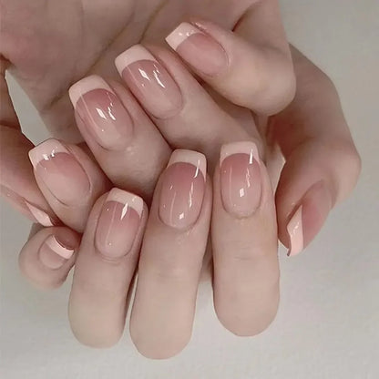 24PCS Shiny Pearl Wearable False Nails Short Square Fake Nail Simple Press on Nails Detachable Full Cover Nail Tips With Glue