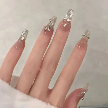 24Pcs Short Ballerina False Nail Tips with Pearl Detachable French Fake Nails Pink Cute Full Cover Press on Nails Manicure Tools