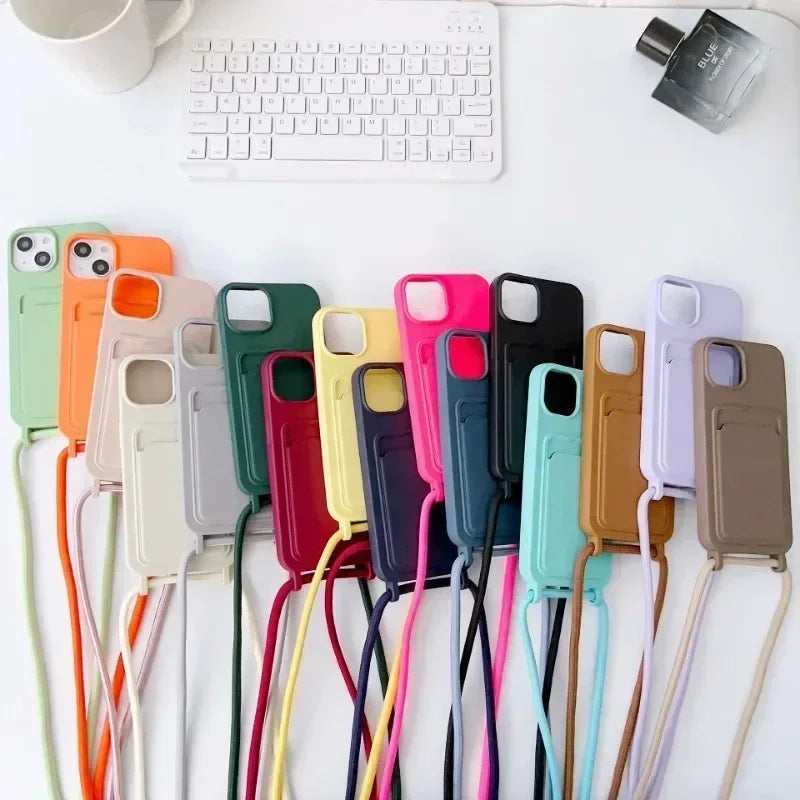 Soft Silicone Crossboby Lanyard Rope Fall Prevention Phone Case for IPhone 16 15 Pro Max 14 Plus 13 12 11 Card Slot Holder Cover