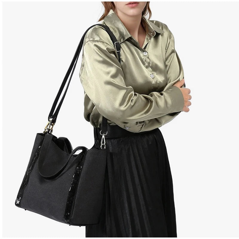 Retro Large-capacity Canvas Tote Bag Brand Contrast Color Sequins Highquality Handbag Unisex Large Travel Shoulder Messenger Bag