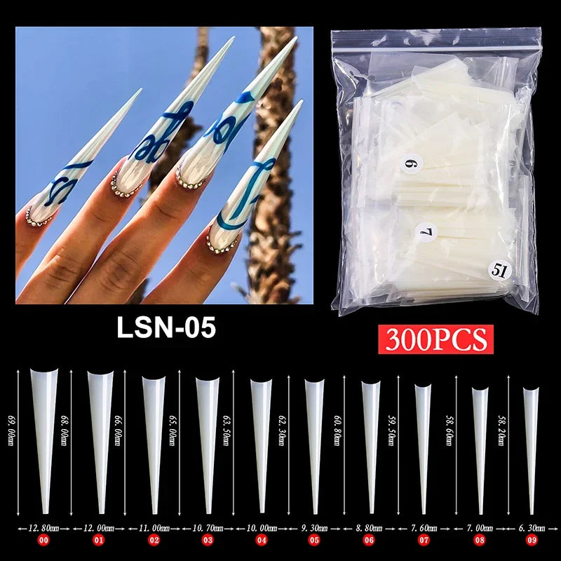 Super Long Sharp Nail Tips Fake Natural Transparent False Nails Durable Extension Acrylic UV Gel Manicure Salon Tools Supplies