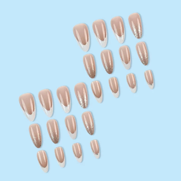 24Pcs Simple Glitter Almond False Nails with Glue Ballerina Nail Design Sweet Cool French Detachable Press on Nail Manicure Tips