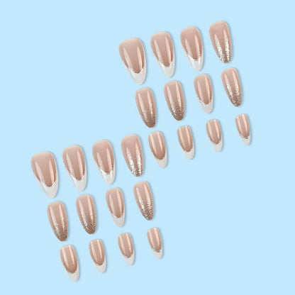 24Pcs Simple Glitter Almond False Nails with Glue Ballerina Nail Design Sweet Cool French Detachable Press on Nail Manicure Tips