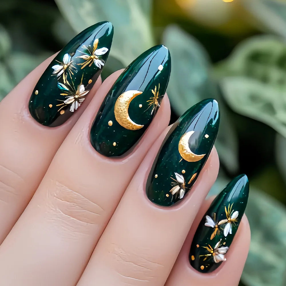 Medium Square Almond Shaped Wearable Fake Nails Autumn Winter Black Golden Purple Green Butterfly Flower tips press on nails