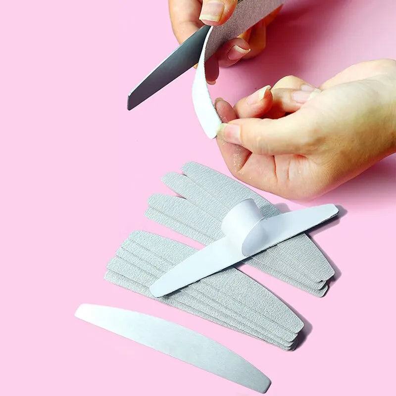 100 Pcs/Lot Replacement Nail Files 80/100/180/240 Grit Half Moon Grey Sandpaper Pads With Metal Handle Removable Durable Files
