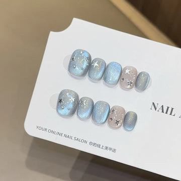New 10Pcs INS Short Handmade Press on Nails Blue Cat Eye Star Fake Nails Wearable Stick-on Nails Full Cover False Nail