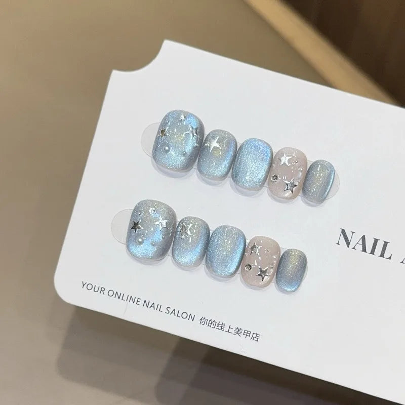 New 10Pcs INS Short Handmade Press on Nails Blue Cat Eye Star Fake Nails Wearable Stick-on Nails Full Cover False Nail