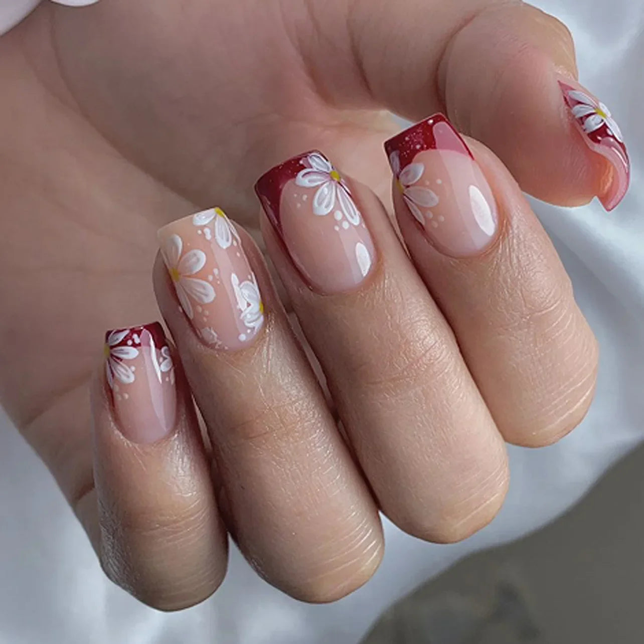24pcs Sweet Cool False Nails Gradient French Fake Nail Tips with Purple Flowers Design Short Square Press on Nails Colorful Nail