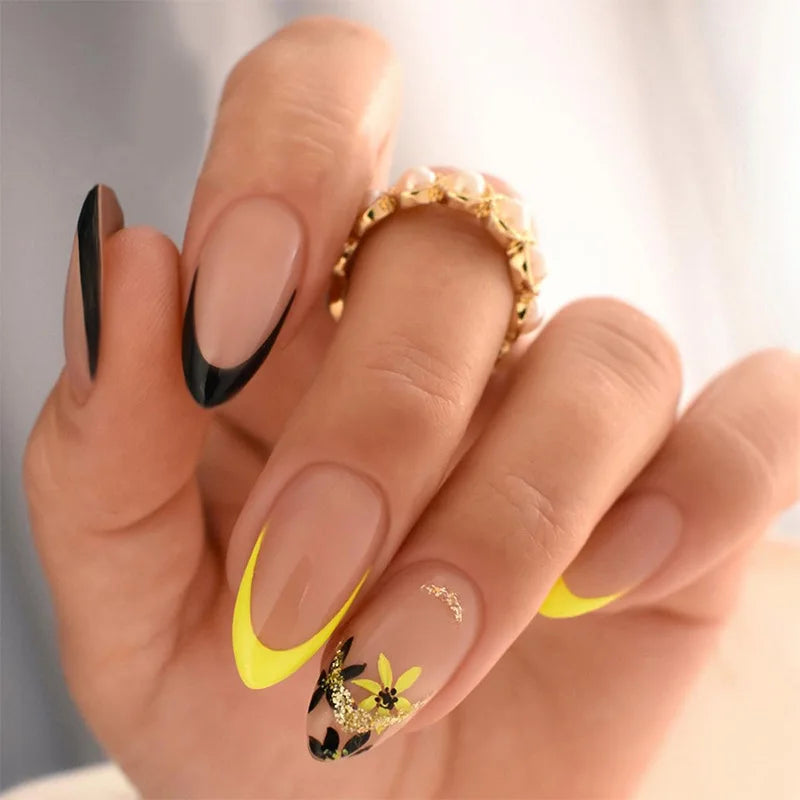 24pcs Almond False Nails Tips Summer Beach Colorful Nails Sets with Pearl Flower Design Press on Nails Art Wearable Fake Nail