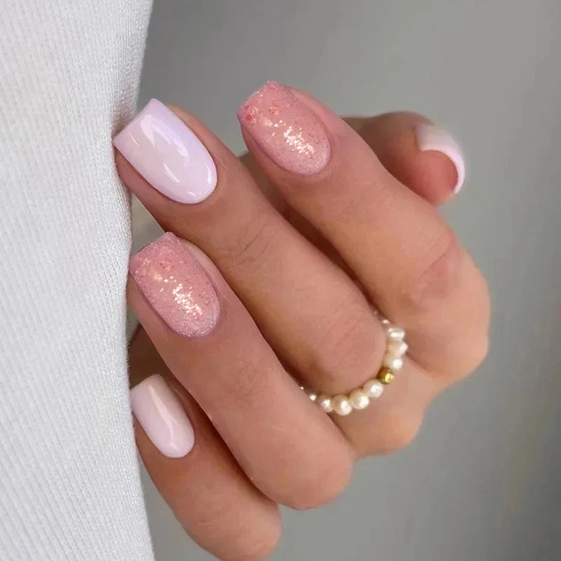 24Pcs Shiny Pearl Wearable False Nails Short Square Fake Nail Simple Summer Press on Nails Detachable Full Cover Nail Tips