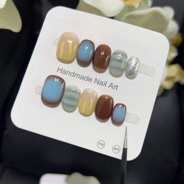 10PCS Blue Blush Short Square Round Handmade Pres on Nails Gentle Colorful Gradient Cute French Fake Nails Fashionable Nail Tips