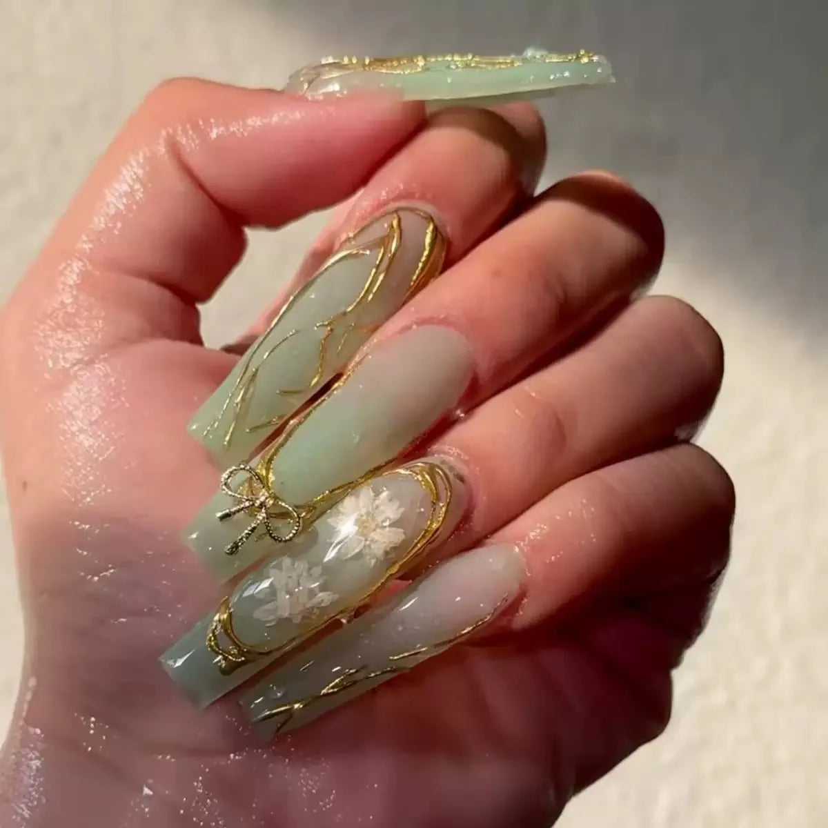 24Pcs Gold French Border False Nails Long Coffin False Nails with Rhinestones Ballerina Full Cover Nail Tips Press on Nails